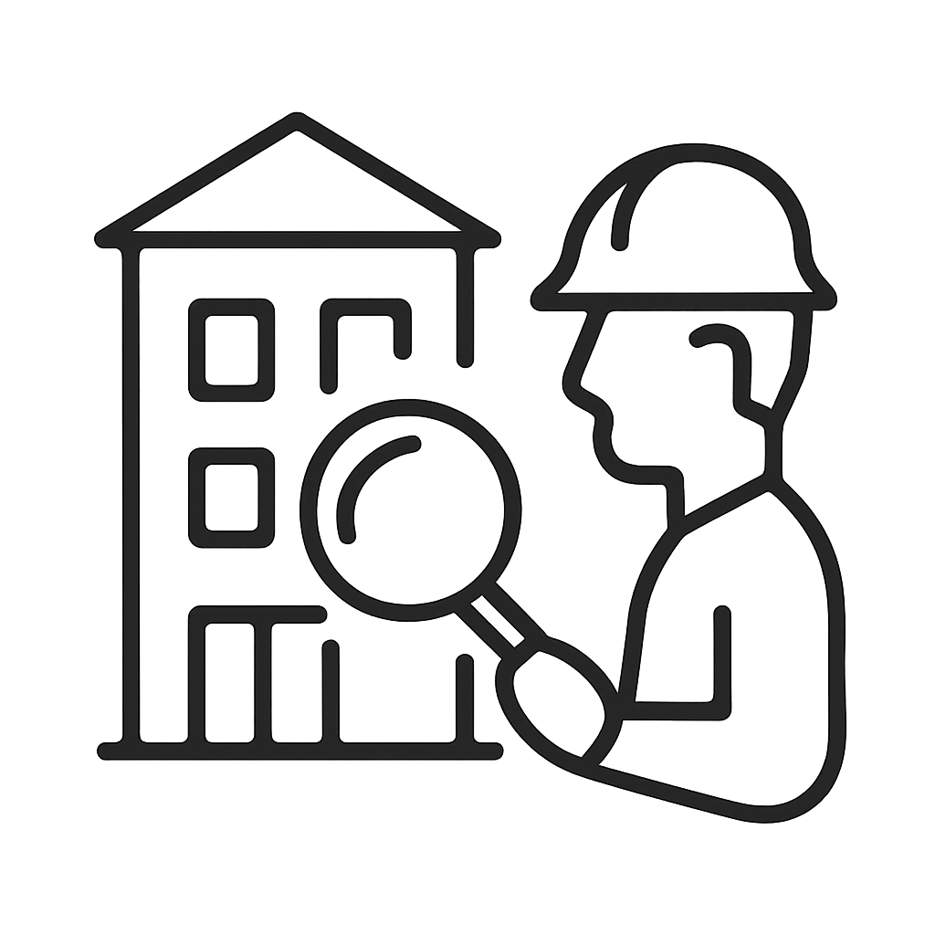 A black and white icon featuring a house and a worker on the right, with the worker facing left.